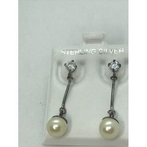 Sterling Silver 925 Genuine Pearl CZ crystals Drop Dangle Earrings NWT